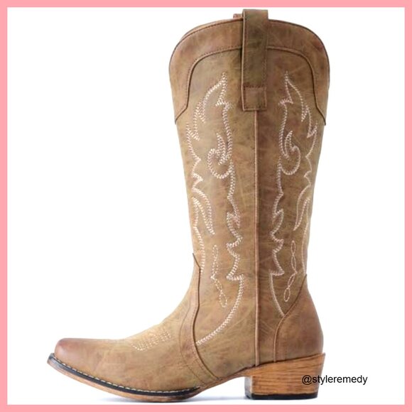 Mid Calf Cowboy Boots with Embroidery Snip Toe Western Fashion - Picture 5 of 7